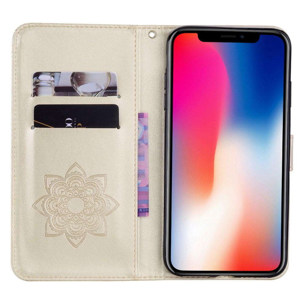 iPhone 14 Pro Max Leder Tasche Wallet Eulen Mandala Imprint - Gold