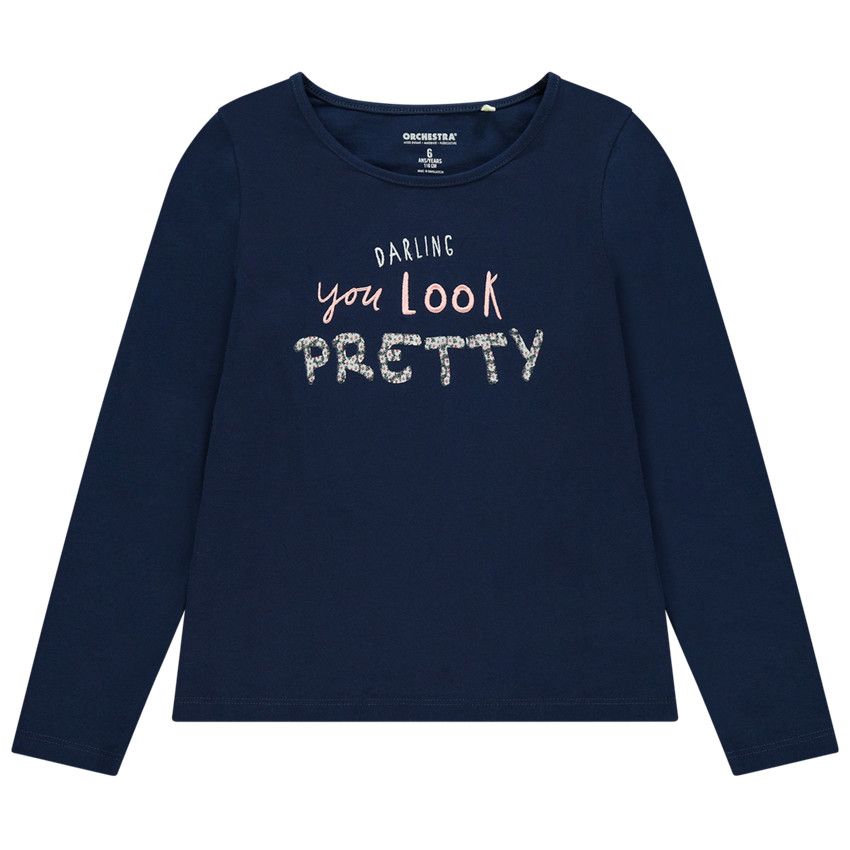 T-shirt manches longues print message en coton bio pour enfant fille - Bleu marine