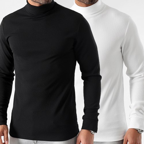 Lot De 2 Pulls Col Roulé Texturé Waffle 0657 Noir Blanc