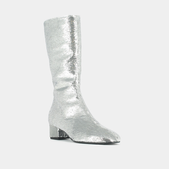 Bottes à talons et bouts pointus  en sequins argent