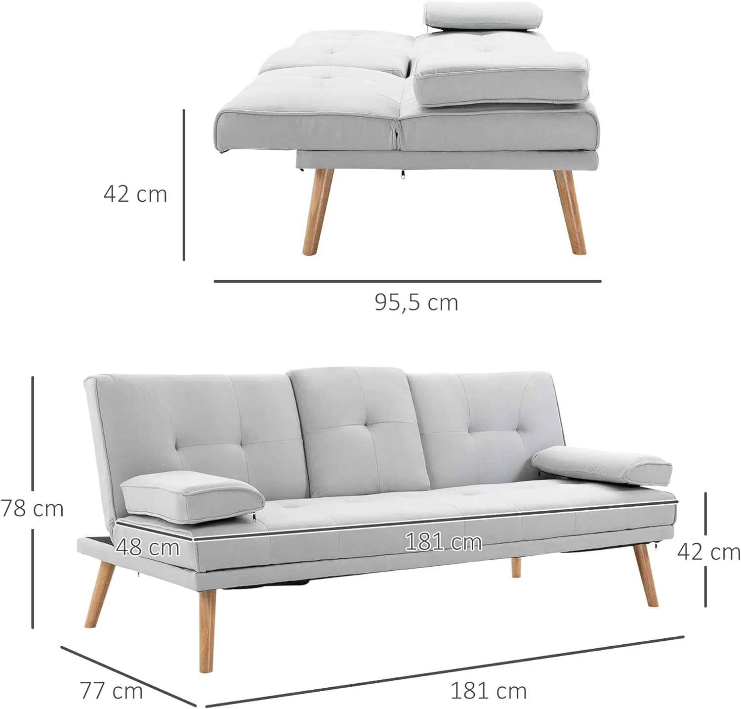 XPSSJMU Schlafsofa, bequemes Schlafsofa, 3-Sitzer, Schlafsofa, Leinen, hellgrau, 181 x 77 x 72 cm