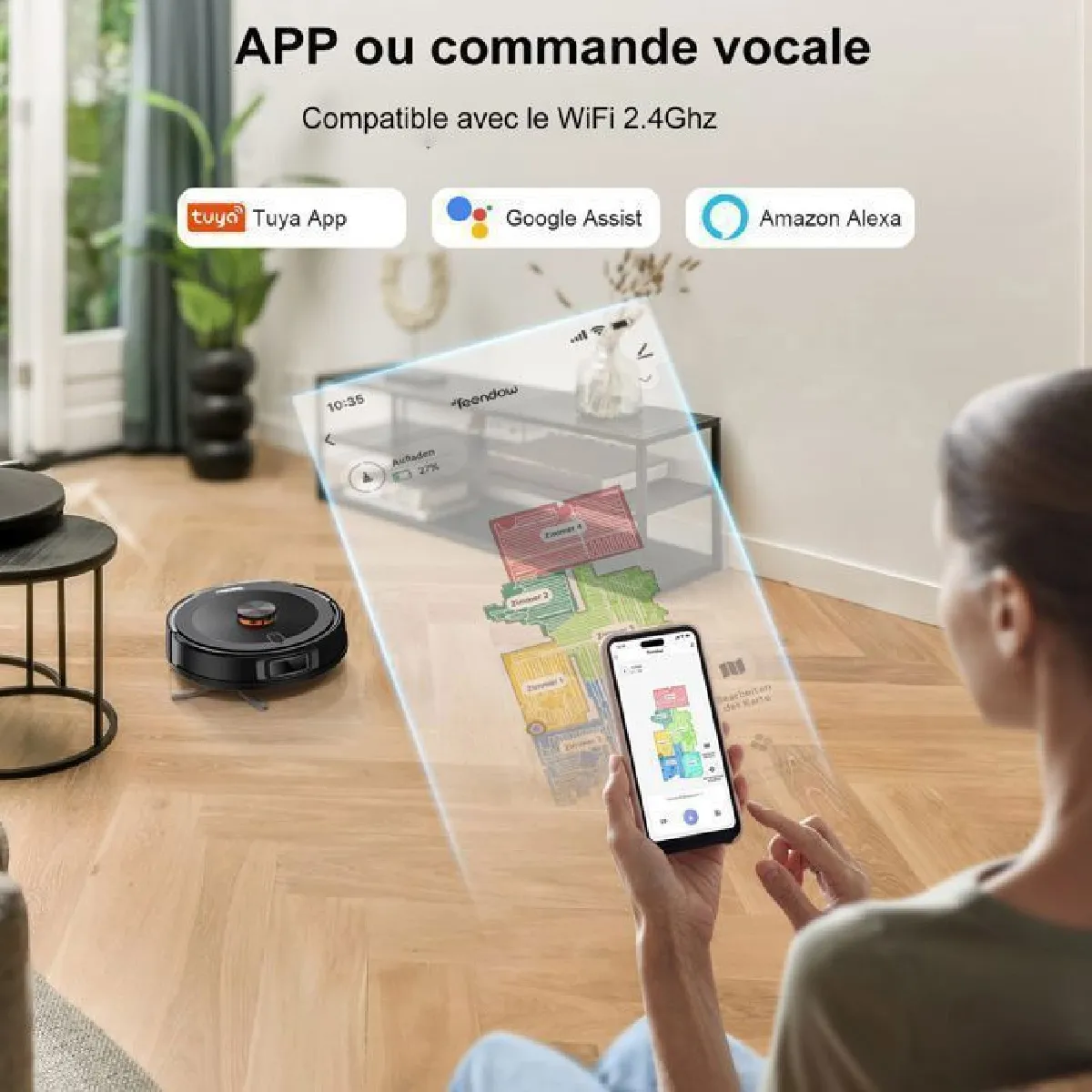 Teendow Robot Aspirateur Laveur, 3000Pa Aspirateur Robot sans Fil avec Balai, 2600mAH/120Min, Wi-Fi/ LDS Laser Navigation