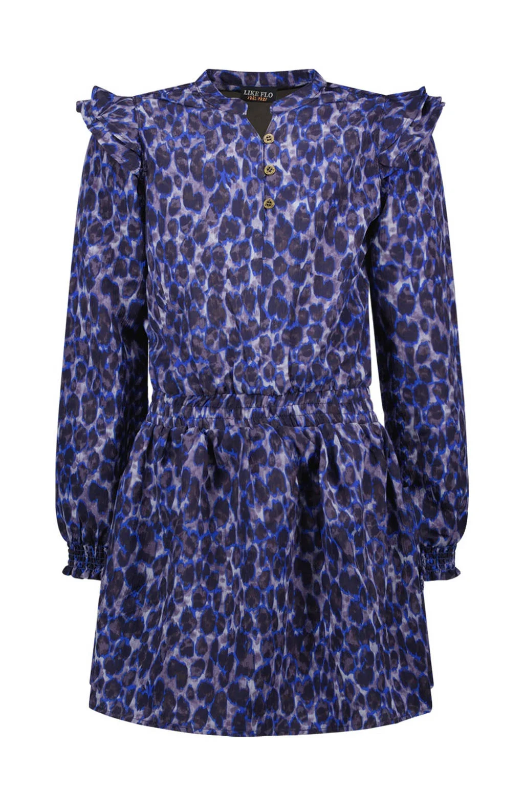 Like Flo jurk Marlou met all over print en ruches donkerblauw/paars