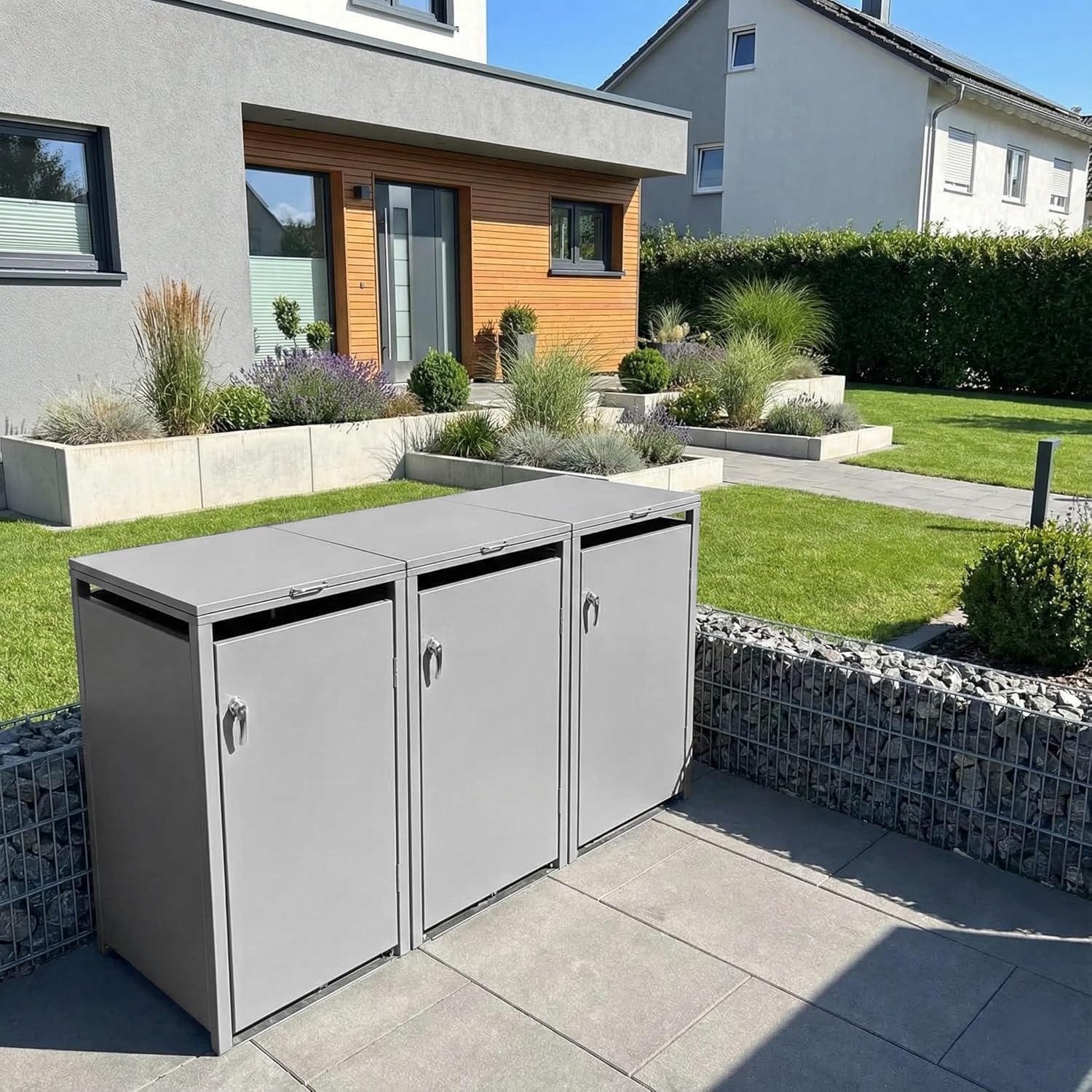 Metzler Mülltonnenbox 3er 240L in Graualuminium, Mülltonnenverkleidung für 3 Tonnen abschließbar und mit Automatikdeckel, pulverbeschichteter & witterungsbeständiger Stahl in RAL9007, Müllbox rostfrei