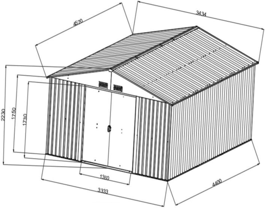 ALEOS. Gerätehaus Geräteschuppen 15m² 343x452x223 cm aus verzinktem Stahlblech Metall mit Doppelschiebetür Türhöhe 173cm Schuppen Gartenhaus