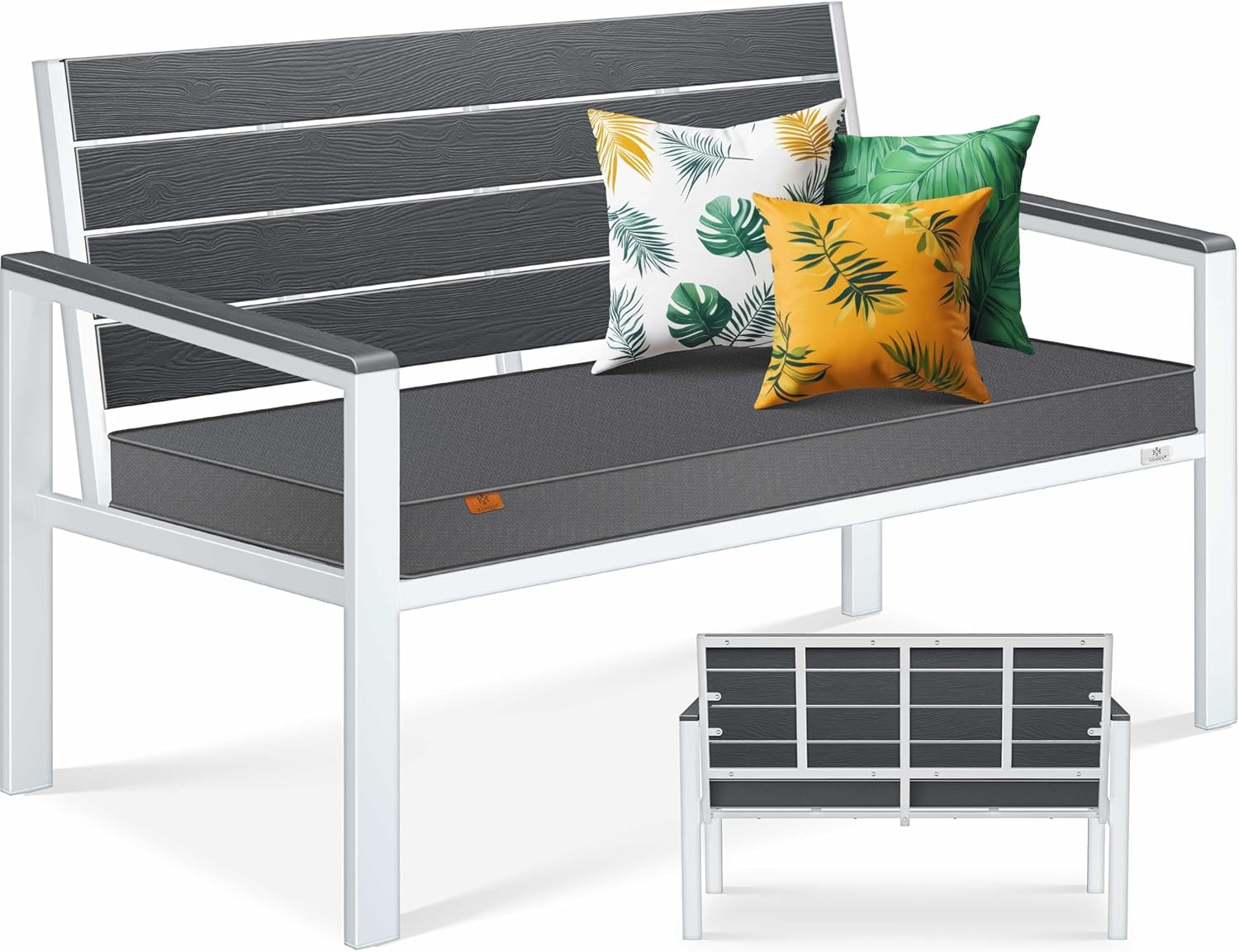 KESSER® Gartenbank mit Kissen – Sitzbank Wetterfest 2-Sitzer Parkbank in Holzoptik Balkonbank für Garten Terrasse Balkon bis 300 kg belastbar UV-beständig inkl. abnehmbarem & waschbarem Polsterbezug
