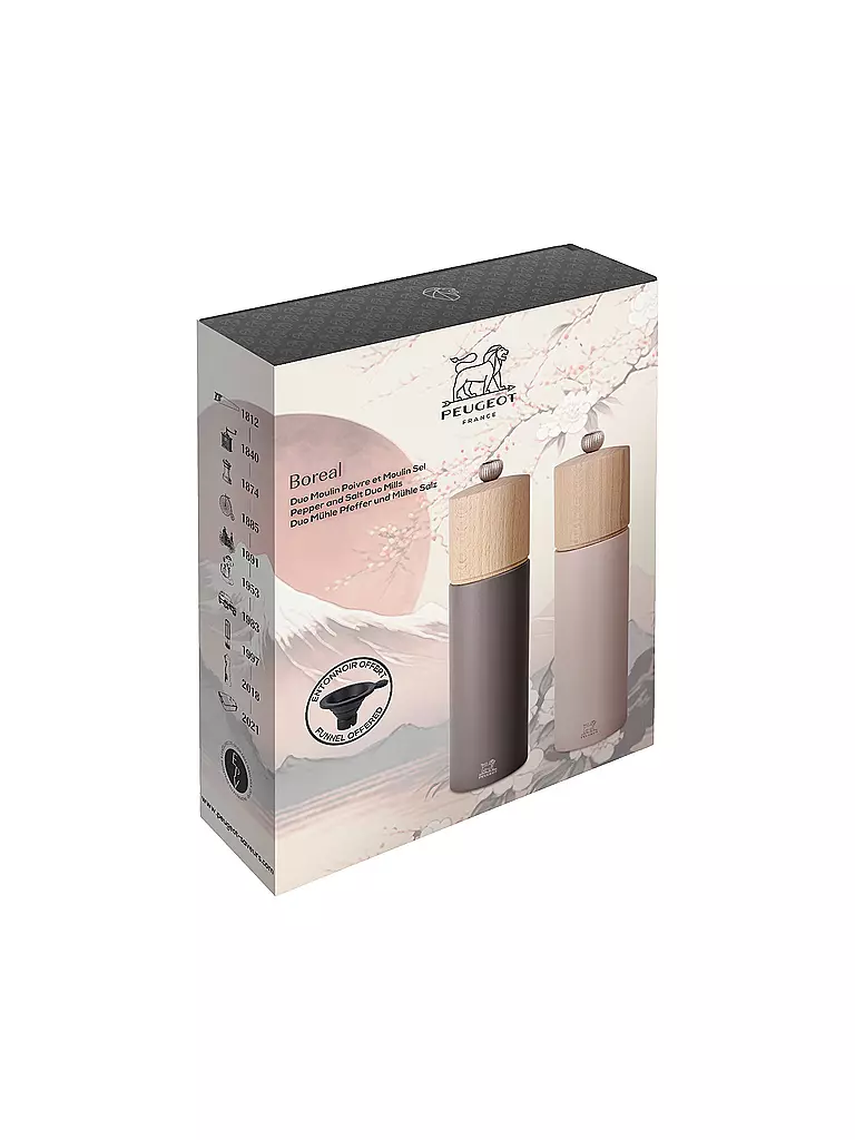 PEUGEOT Geschenkset - Duo aus Boreal Pfeffer- und Salzmühle 21 cm und Silikontrichter Felsgrau und Rosa hellgrau
