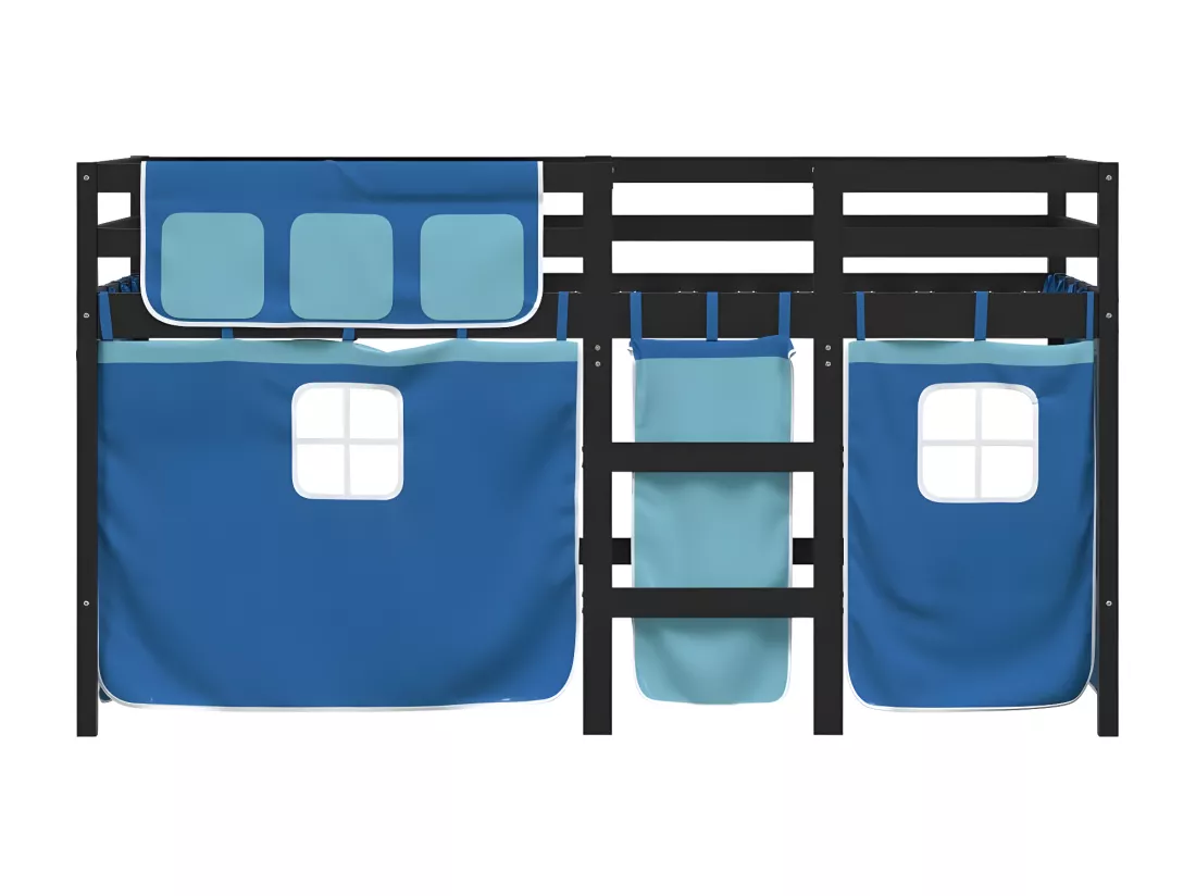 Lit mezzanine enfants et rideaux bleu 90x190cm bois pin massif