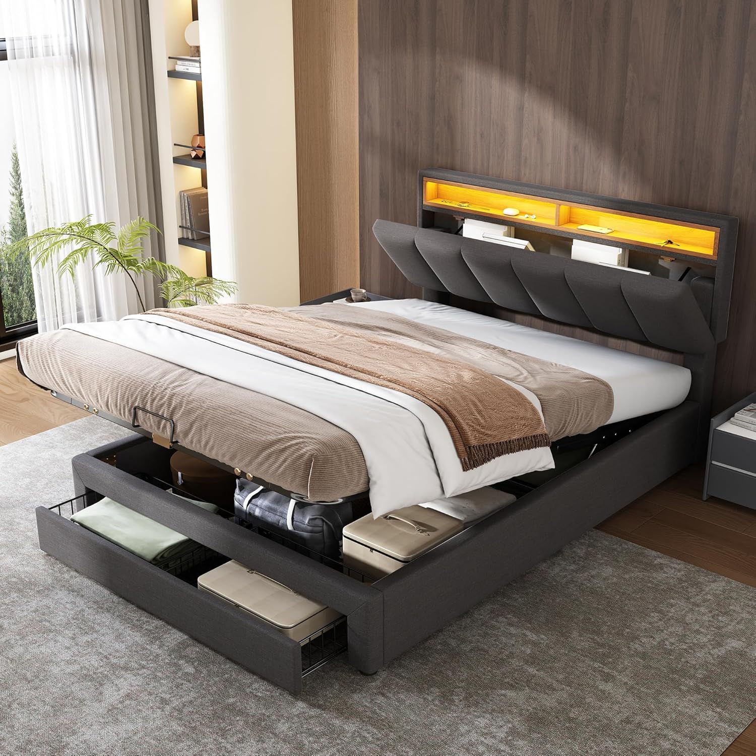 Polsterbett 140x200 cm Doppelbett mit Stauraum und Schubladen, Kopfteil mit LED und Staufächer, Bettgestell mit Lattenrost, Hydraulisch Stauraumbett, Ohne Matratze, Leinen Grau