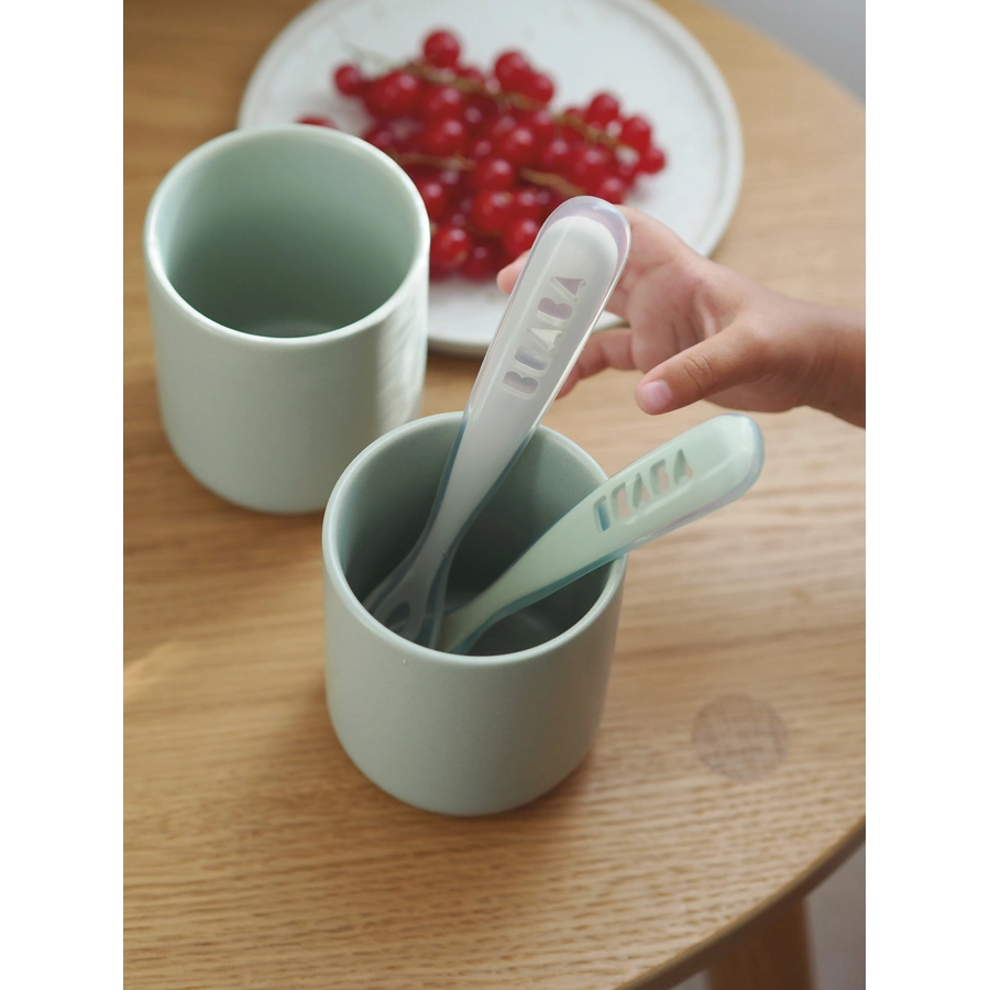 BEABA® Babylöffel 2er Set aus Silikon 2. Alterstufe, velvet grau salbeigrün