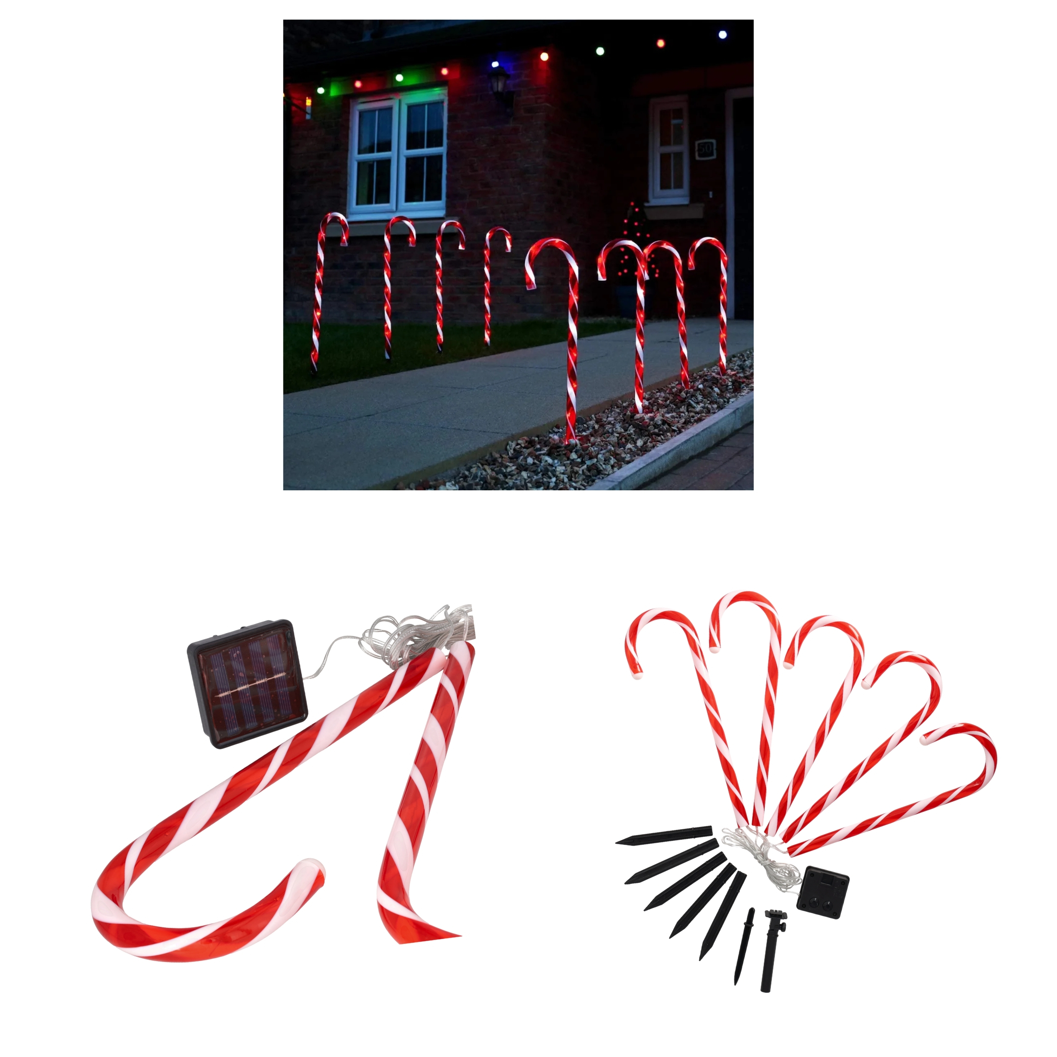 (5er Set) 47cm Weihnachts LED Solar Lampe Outdoor Zuckerstangen Gartenleuchte Laterne - Rot / Weiss