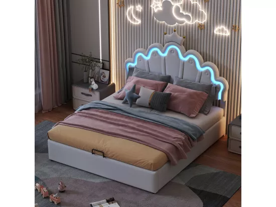 Lit coffre rembourré en similicuir 140x200cm - lit princesse avec LED et moulures en couronne - Blanc