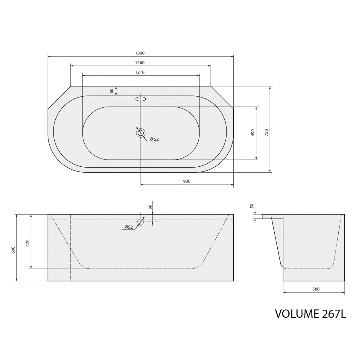 Polysan Viva Monolith hoekbad wit 180x75x60cm