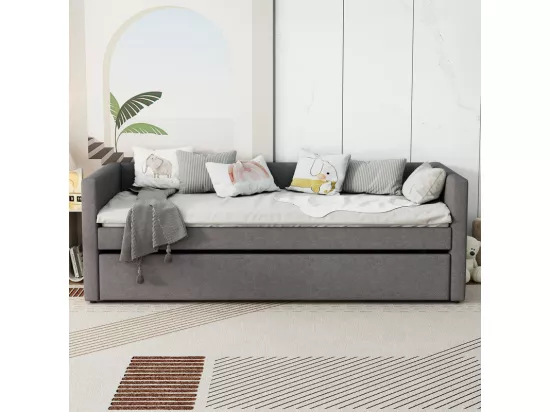 Lit gigogne 2x90x200cm en Lin gris - lit simple - avec pieds en métal pliables