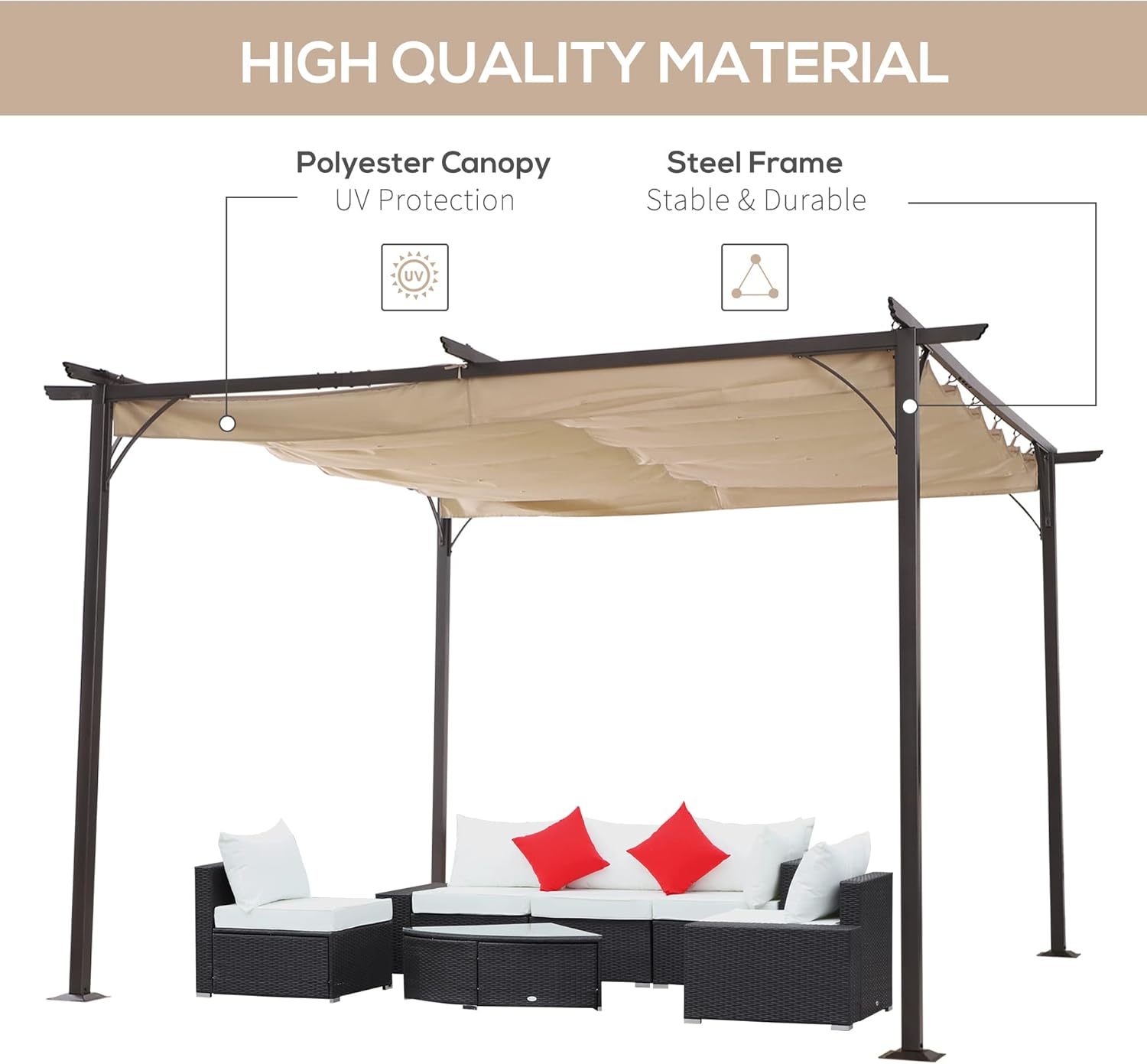 Outsunny Versenkbare Pergola 4 x 4 m Metallstruktur Epoxydharz Korrosionsschutz schwarz + Polyestergewebe mit hoher Dichte 180 g/m² inkl. Beige