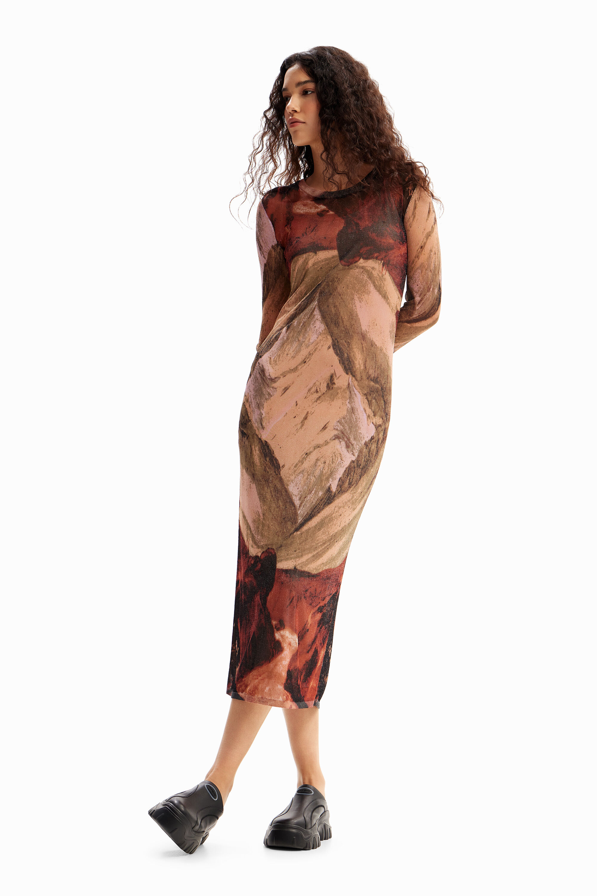 Vestido midi de malha com estampa de paisagem
