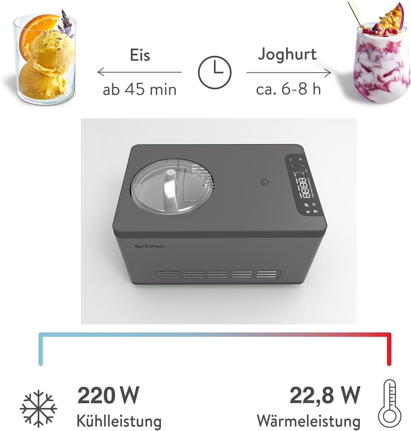 SPRINGLANE Eismaschine & Joghurtbereiter Elisa 2,0 L mit selbstkühlendem Kompressor 220 W, aus Edelstahl mit Kühl- und Heizfunktion (Elisa Anthrazit, Eismaschine + Zusatzbehälter Edelstahl)