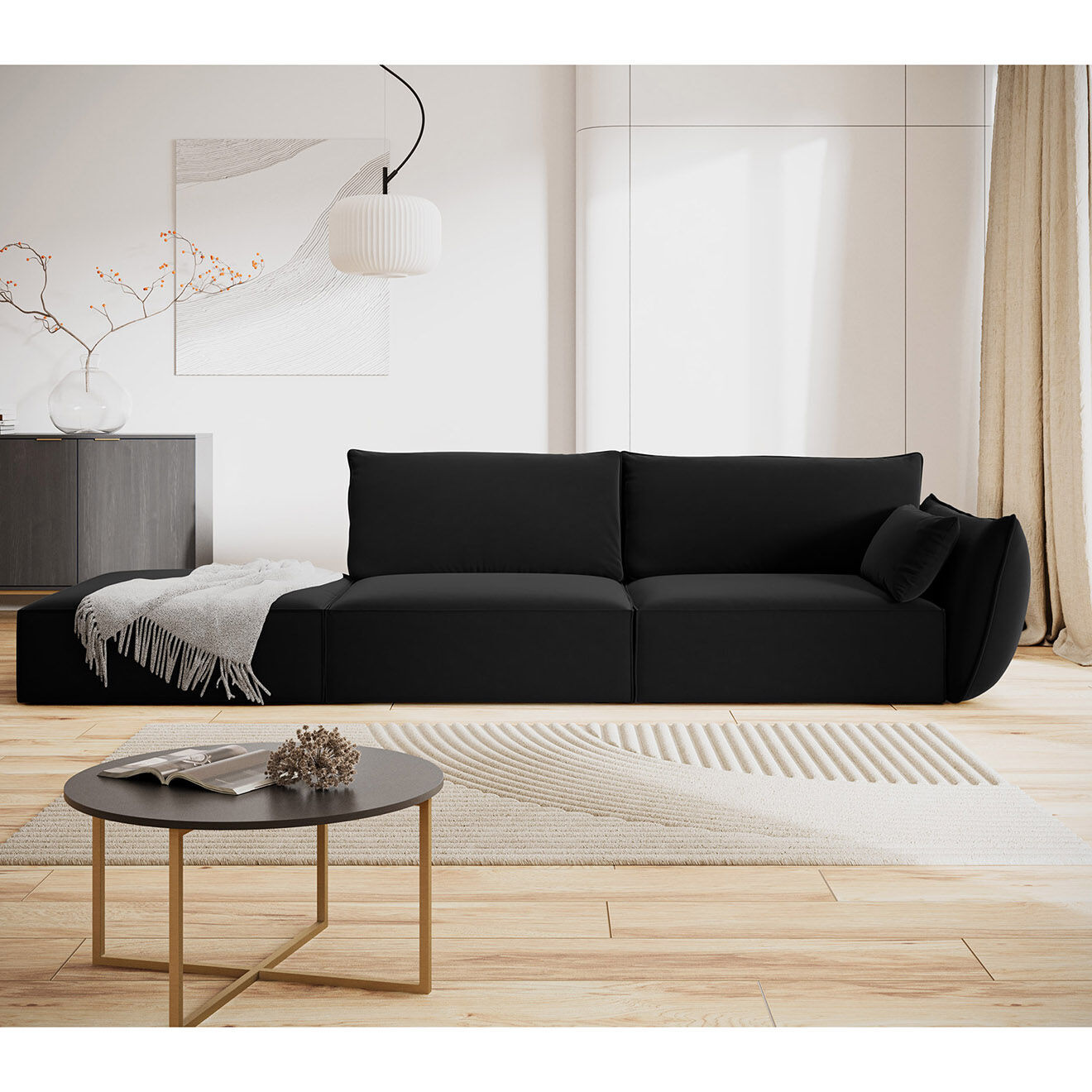 Mazzini Sofas Canapé droit  Velours Vanda 4 Places noir - 286x100x85 cm
