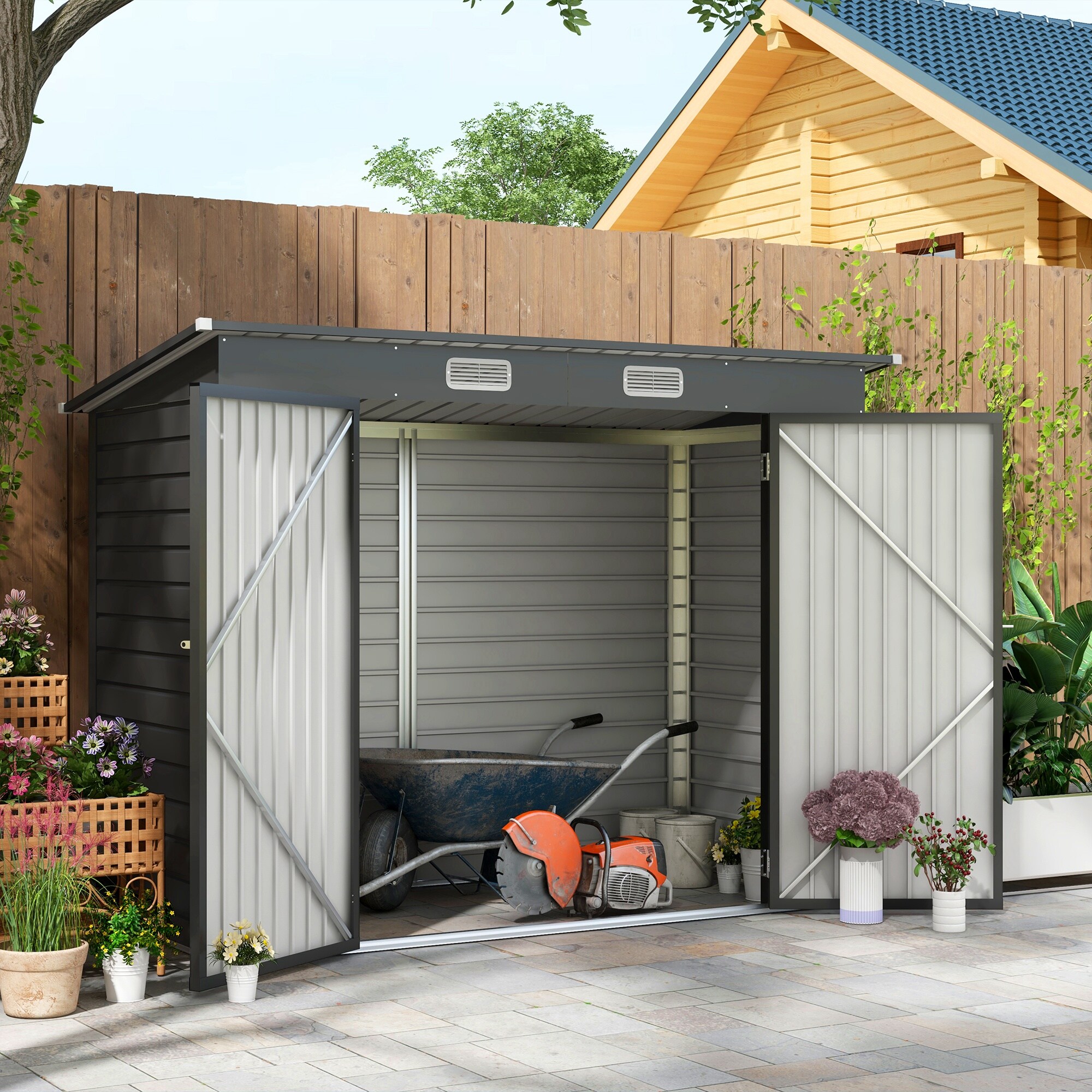 Outsunny Geräteschuppen mit Schloss grau 249L x 121B x 166/183H cm