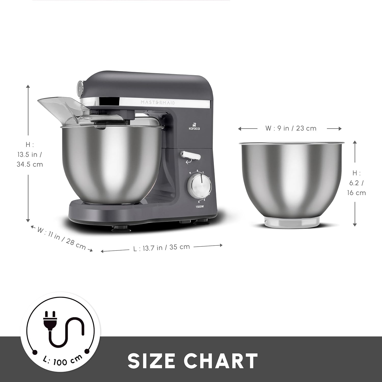 Karaca Mastermaid Chef Pro Standmixer - 1500W Elektrische Standmixer zum Backen, Teig - Antihaft 5L Schüssel, Knethaken, Schneebesen, 6-Gang, Space Grey