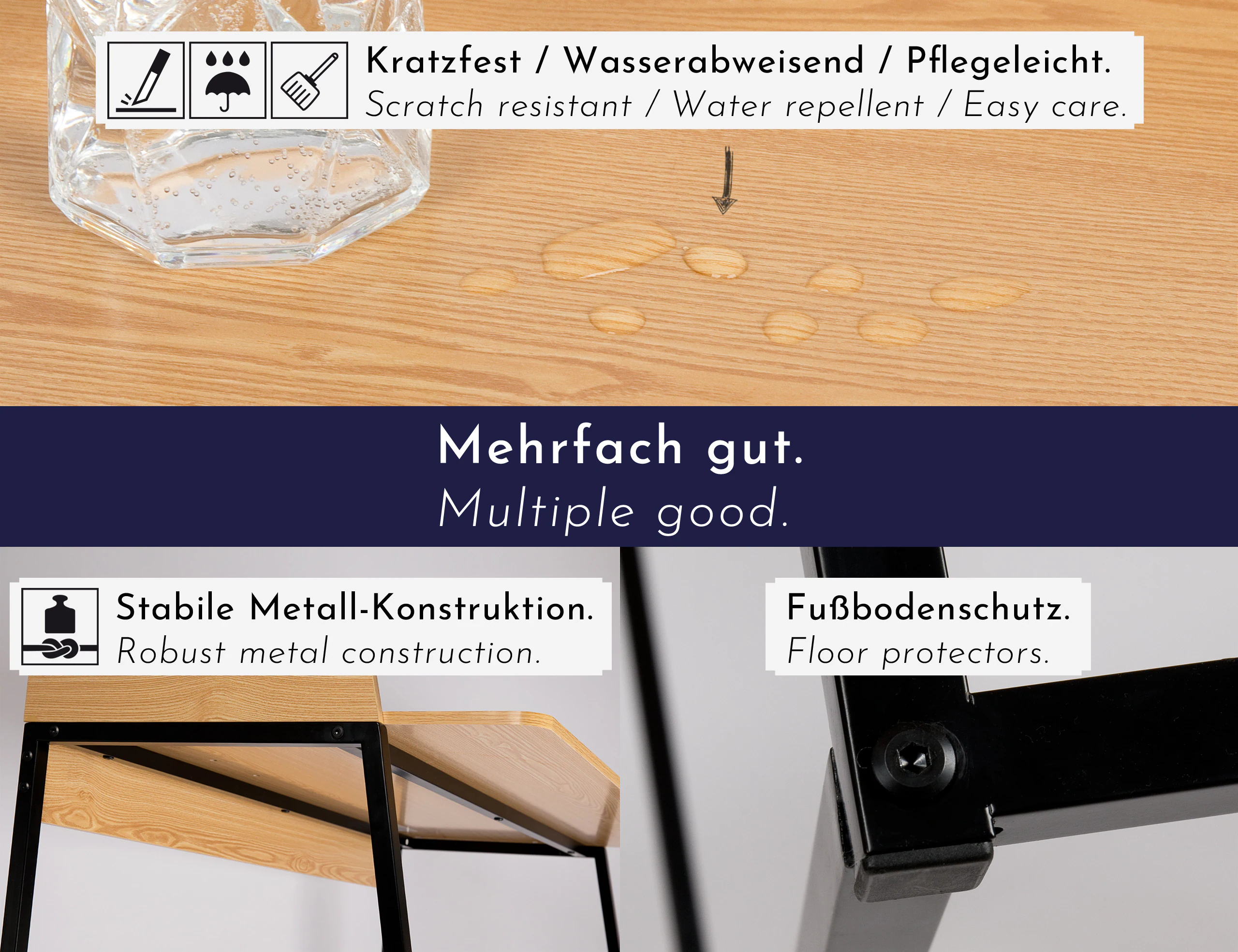 WONDERMAKE® Design Schreibtisch aus Holz und Metall, Bürotisch PC-Tisch Computertisch Arbeitstisch für Home Office , 110x55x87 cm, Eiche hell braun schwarz