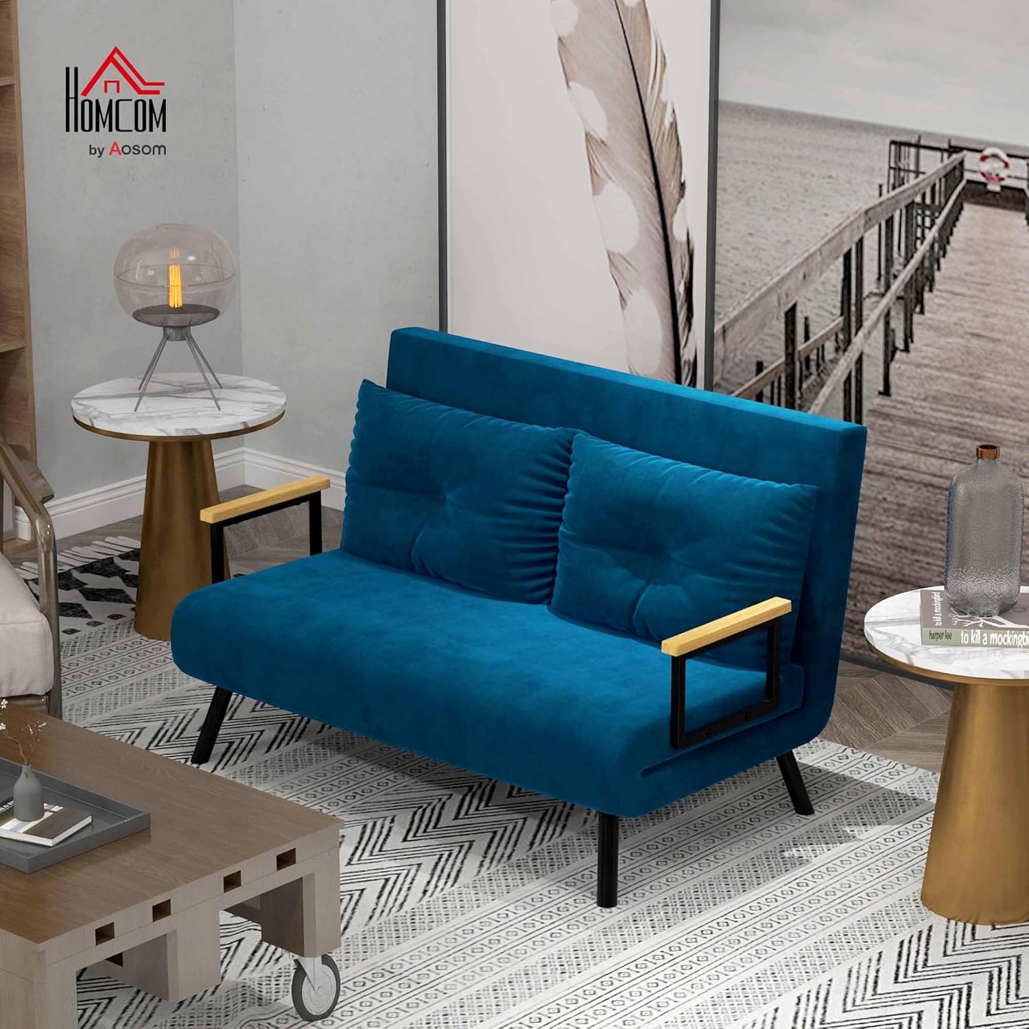 HOMCOM Schlafsofa 4 in 1 2 Sitzer Sofa mit Schlaffunktion, 183 x 98,5 cm Klappbar Schlafsessel mit 5-stufig Verstellbarer Rückenlehne, Armlehne, Lendenkissen Samtoptik für Wohnzimmer, Blau