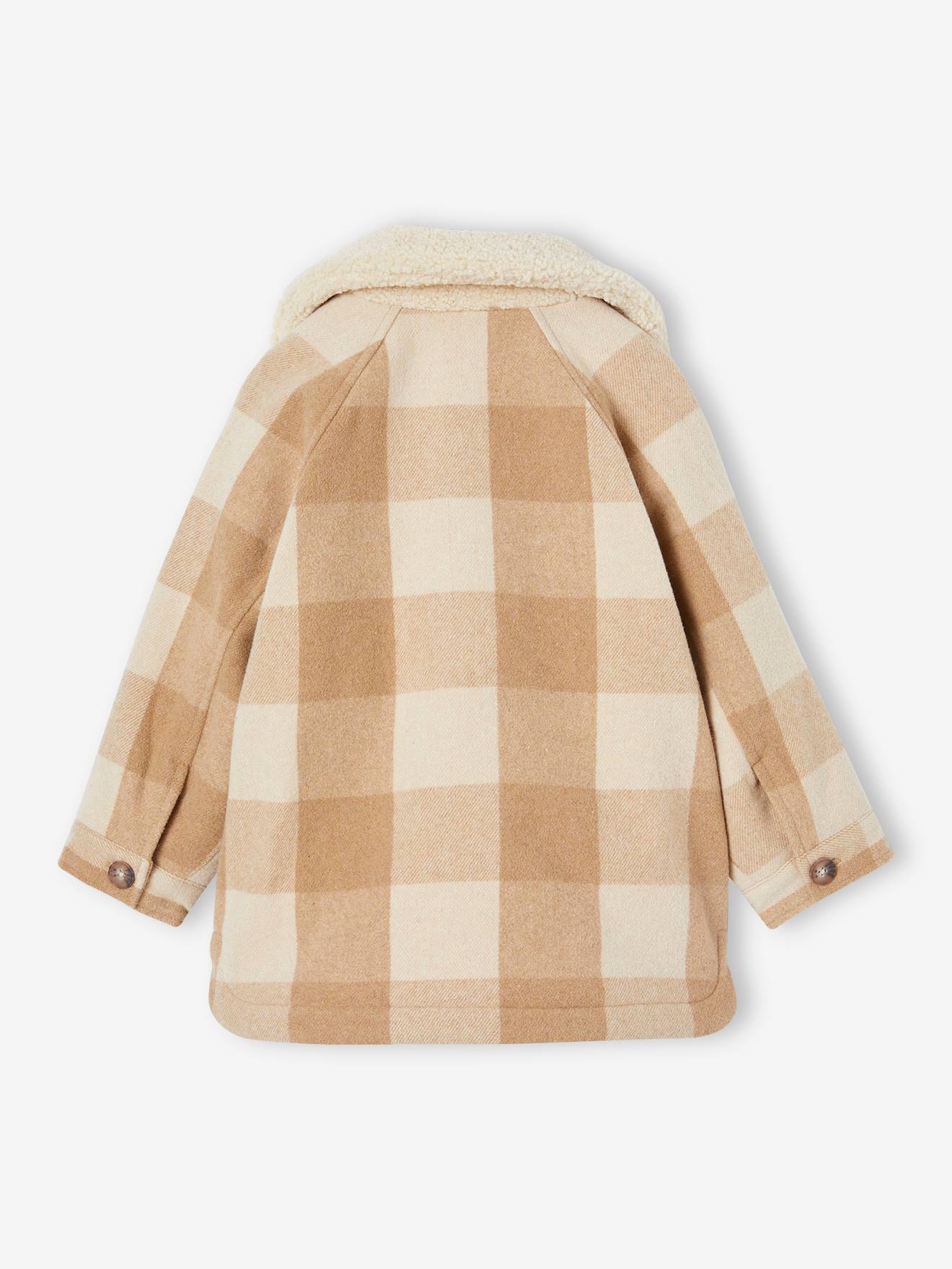 Casaco xadrez de lã para meninas, estilo sobrecamisa, xadrez marrom.