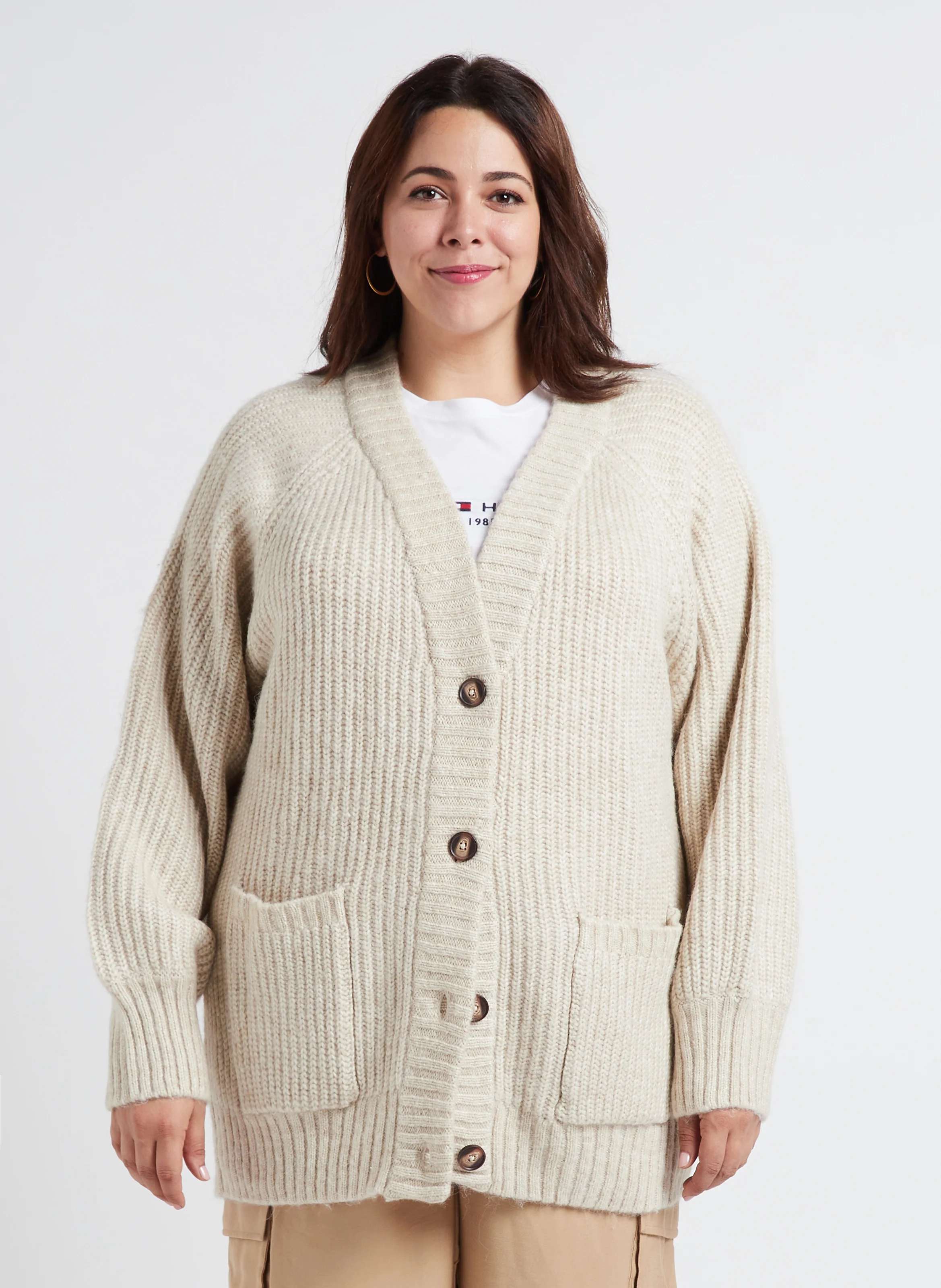 Cardigan oversize col V boutonné | Beige