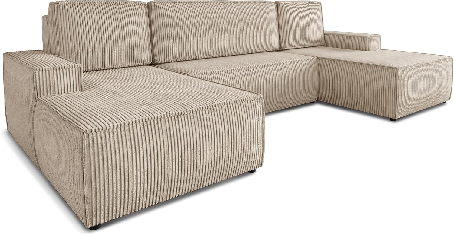 Sofnet Wohnlandschaft mit Schlaffunktion Totti - U-Form Couch, Schlafsofa mit Bettkasten, Couchgranitur mit Bettfunktion, Big Sofa, Cord Stoff, Wohnzimmer (Beige (Poso 100))