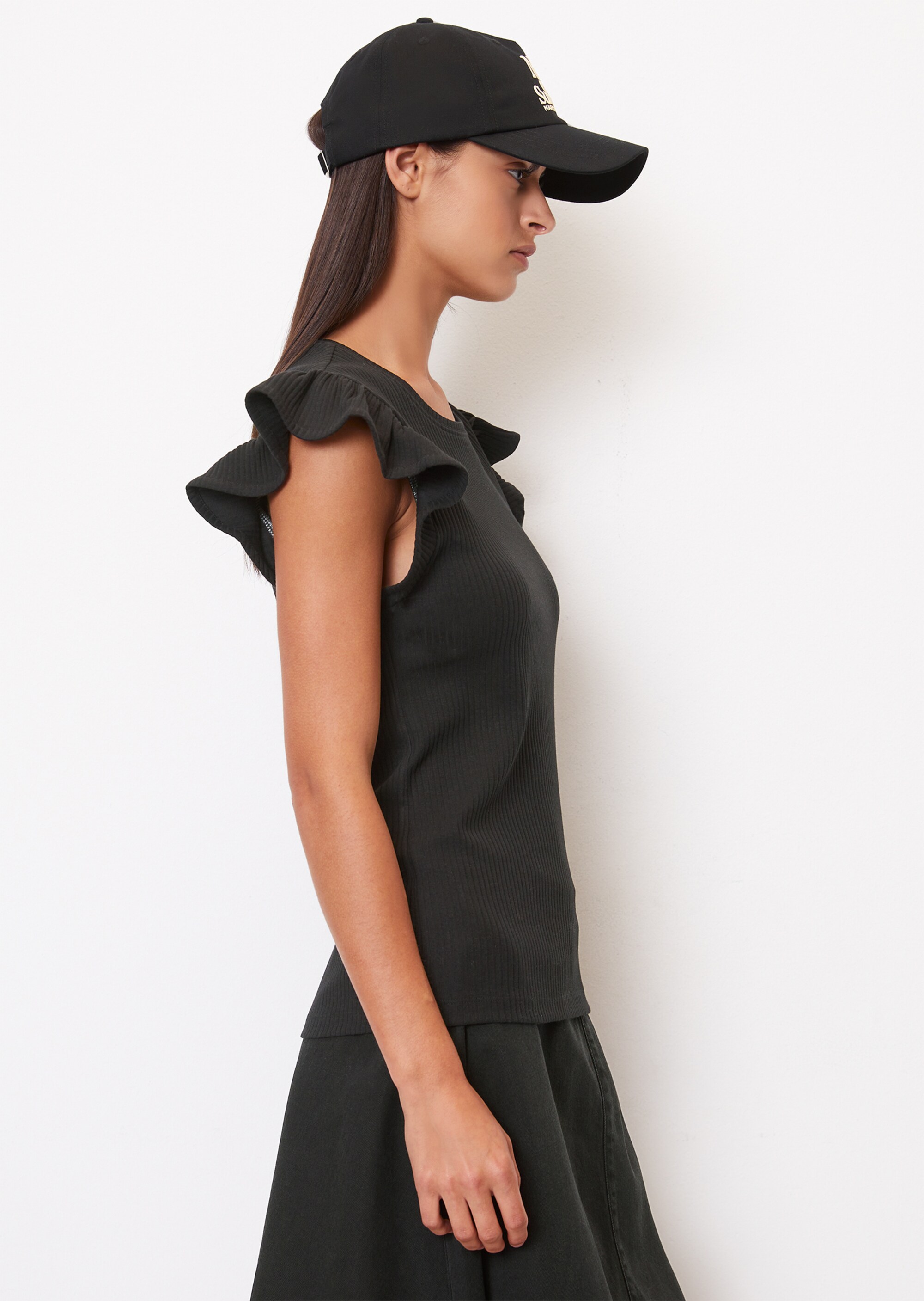 T-Shirt mit Volantärmeln slim aus Ripp-Stretch-Jersey