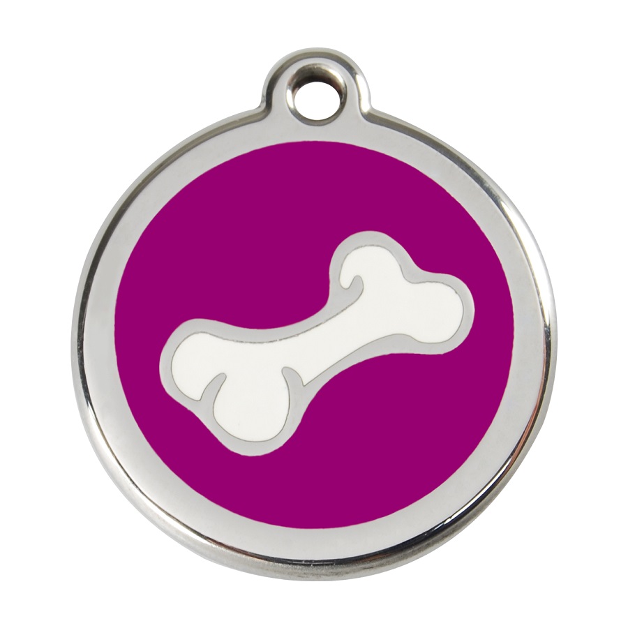 Placa de identificação para cães em aço inoxidável esmaltado com desenho de osso de desenho animado na cor roxa