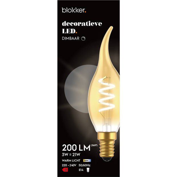 Blokker LED Kaars Gebogen Tip C35 3W - E14 - Spiraal Goud - Dimbaar