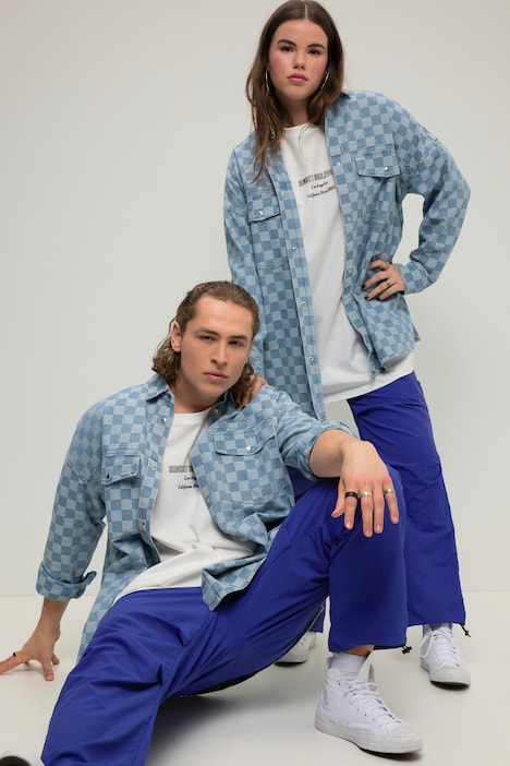 Jeanshemd, oversized, Karo Print, Langarm, Unisex