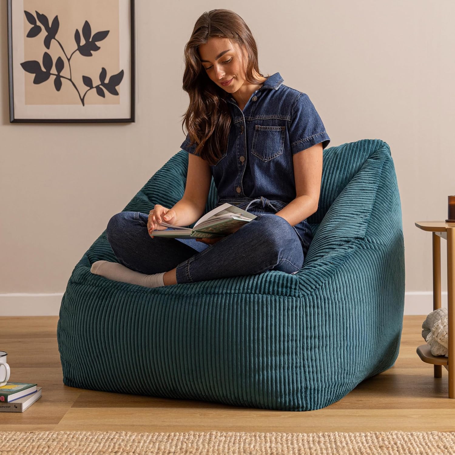 Icon Natalia Sitzsack Sessel für Erwachsene, Blaugrün, Flauschiger Cord Stoff, Riesen Sitzsack Cord mit Füllung, Bean Bag Chair, Bequemer Sessel Wohnzimmer, Lounge, Schlafzimmer, Büro