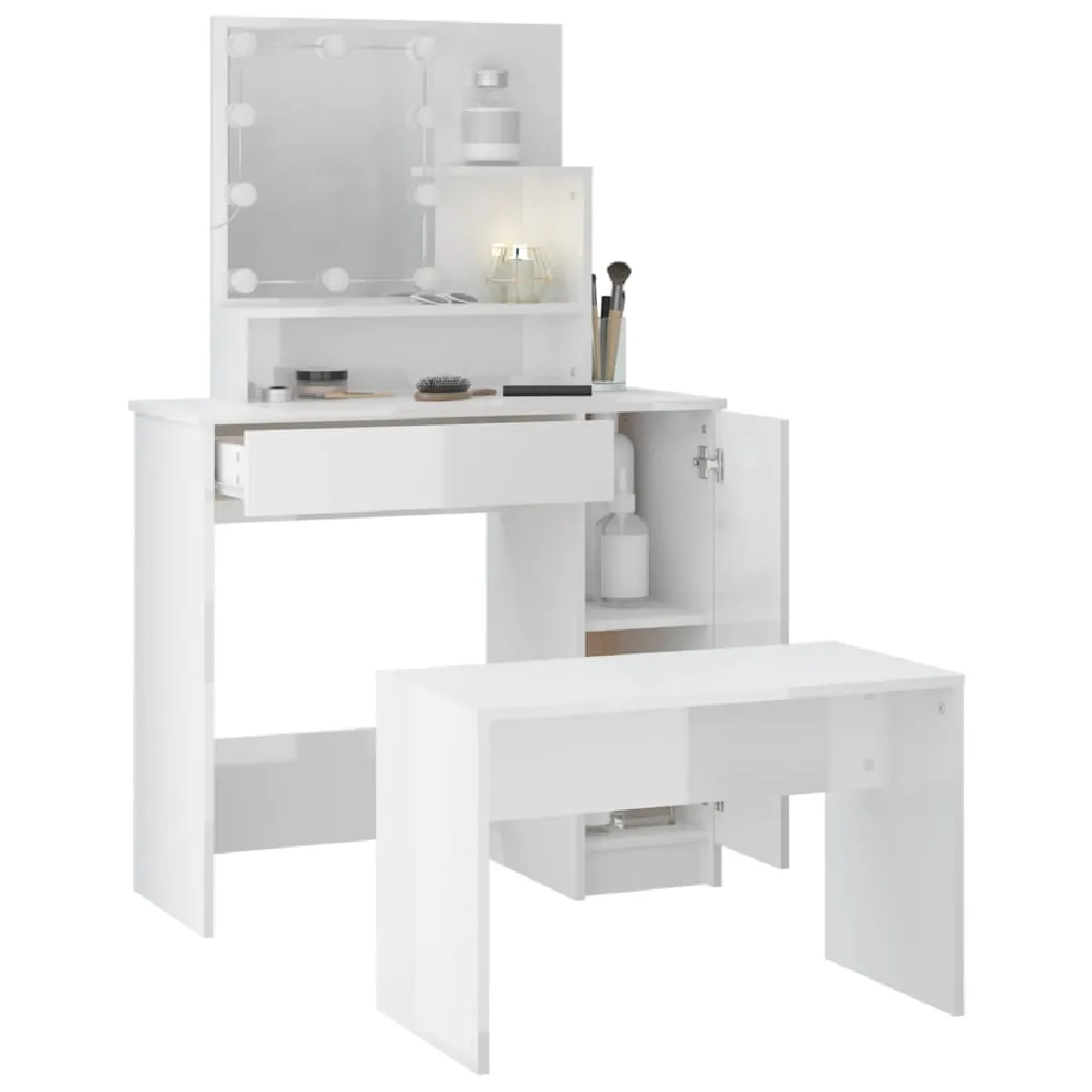 vidaXL Ensemble Coiffeuse avec LED - Blanc Brillant