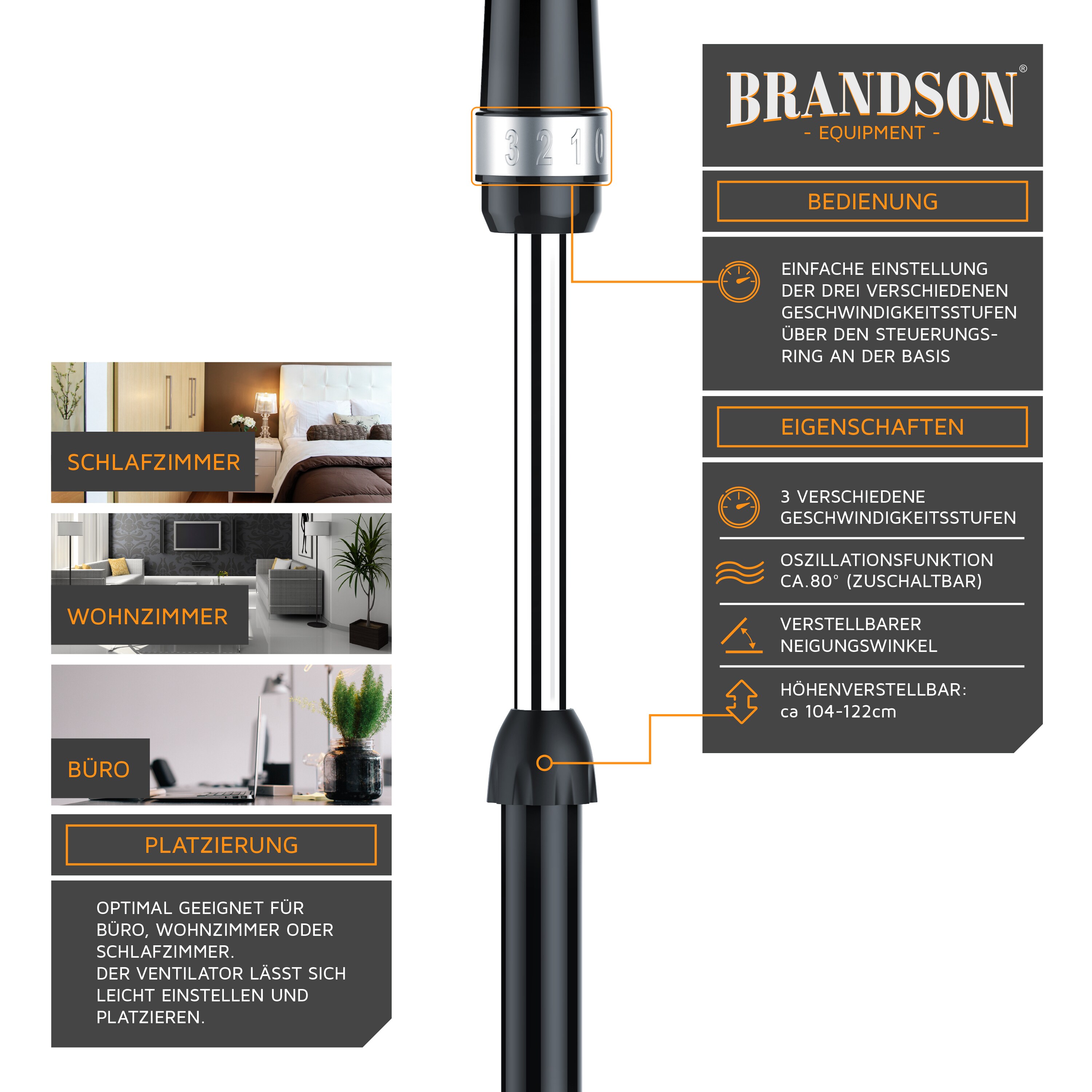 Brandson Standventilator mit 3 Geschwindigkeitsstufen, Standfuß höhenverstellbar, Ventilator mit hohem Luftdurchsatz, Oszillationsfunktion 80°