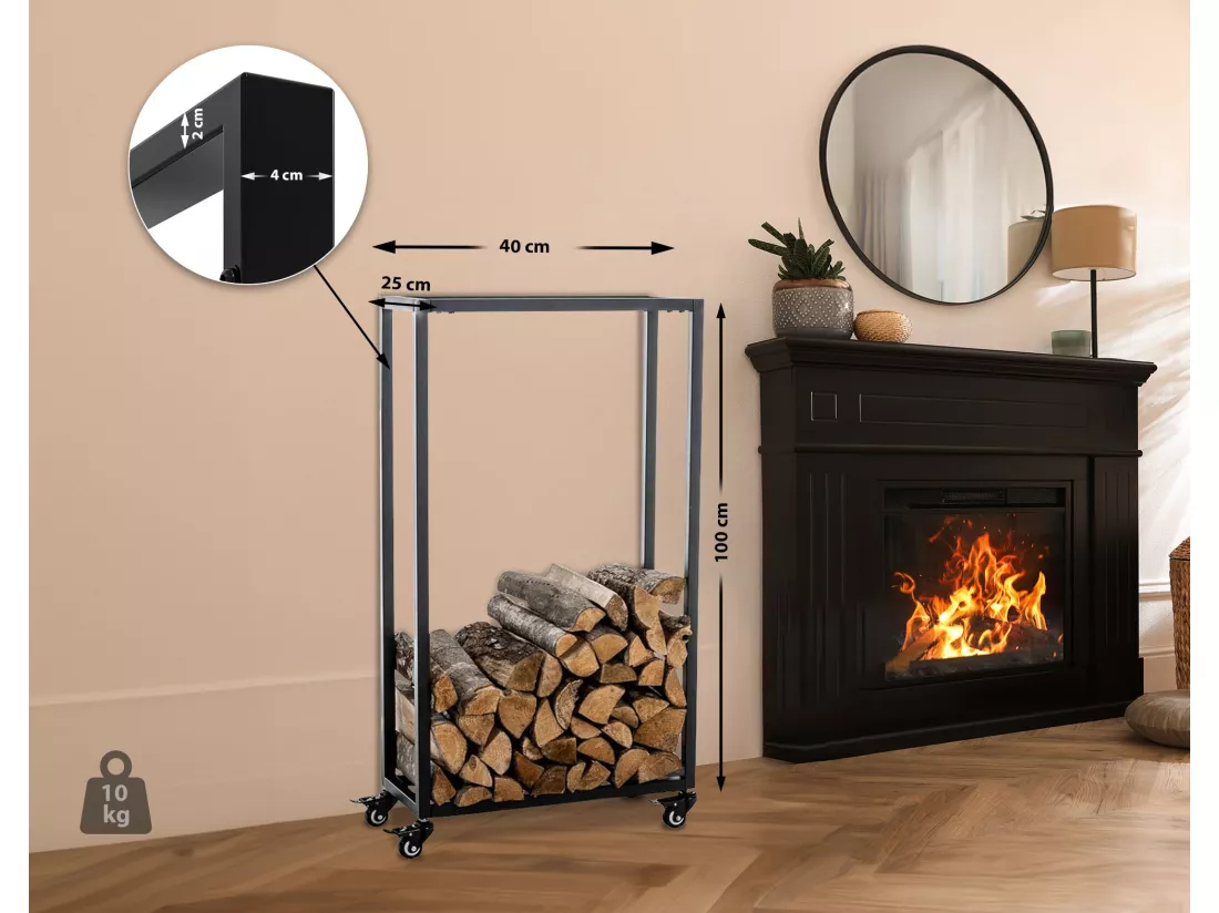Etagère bois de cheminée - Métal - 40 x 25 x 100cm - Noir - Hetta