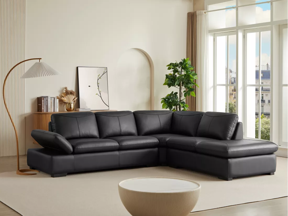 Canapé d'angle en cuir ONYX II - Noir - Angle droit