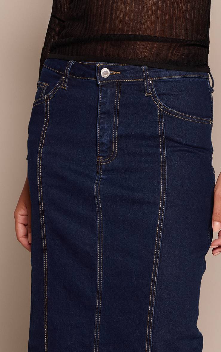 Bleu Indigo Jupe Longue En Jean Délavé Taille Mi-haute Avec Détails De Coutures