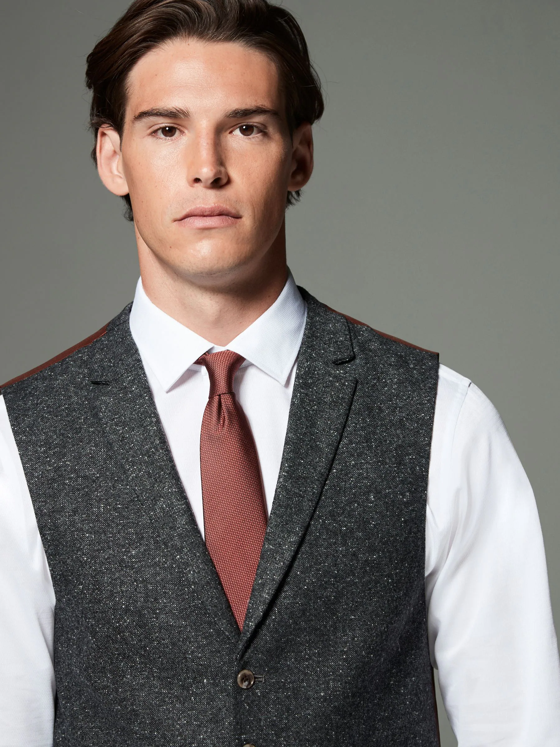 Antraciet - Regular Fit Wollen Blend Getrimd Kostuum Waistcoat