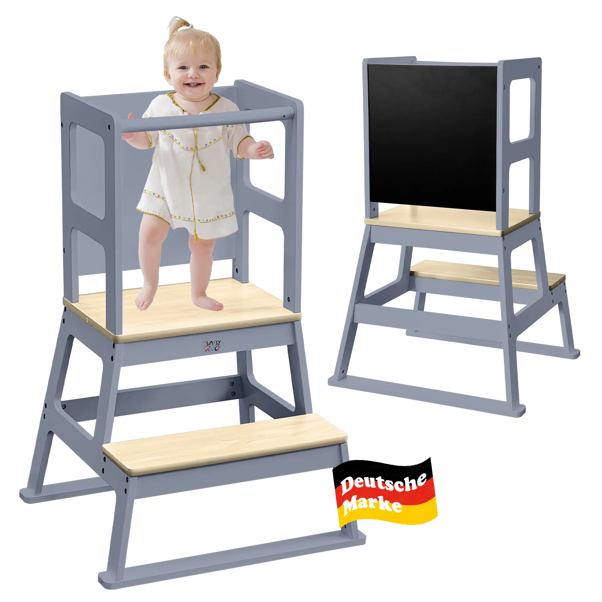 Baby Vivo Lernturm aus Holz - Mit Tafel in Grau