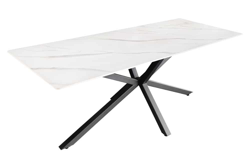 Moderner Esstisch GALAXIE 160cm weiß Keramik Marmor-Design glänzend Metallgestell schwarz