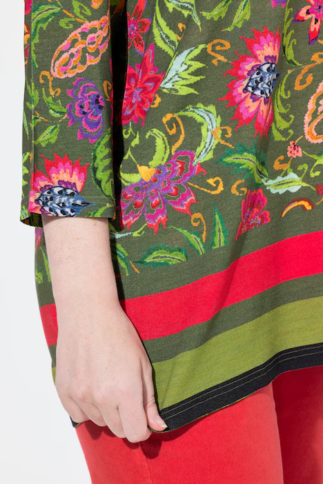 Shirt, Landhausdruck, A-Linie, Tunika-Ausschnitt, 3/4-Arm, oliv
