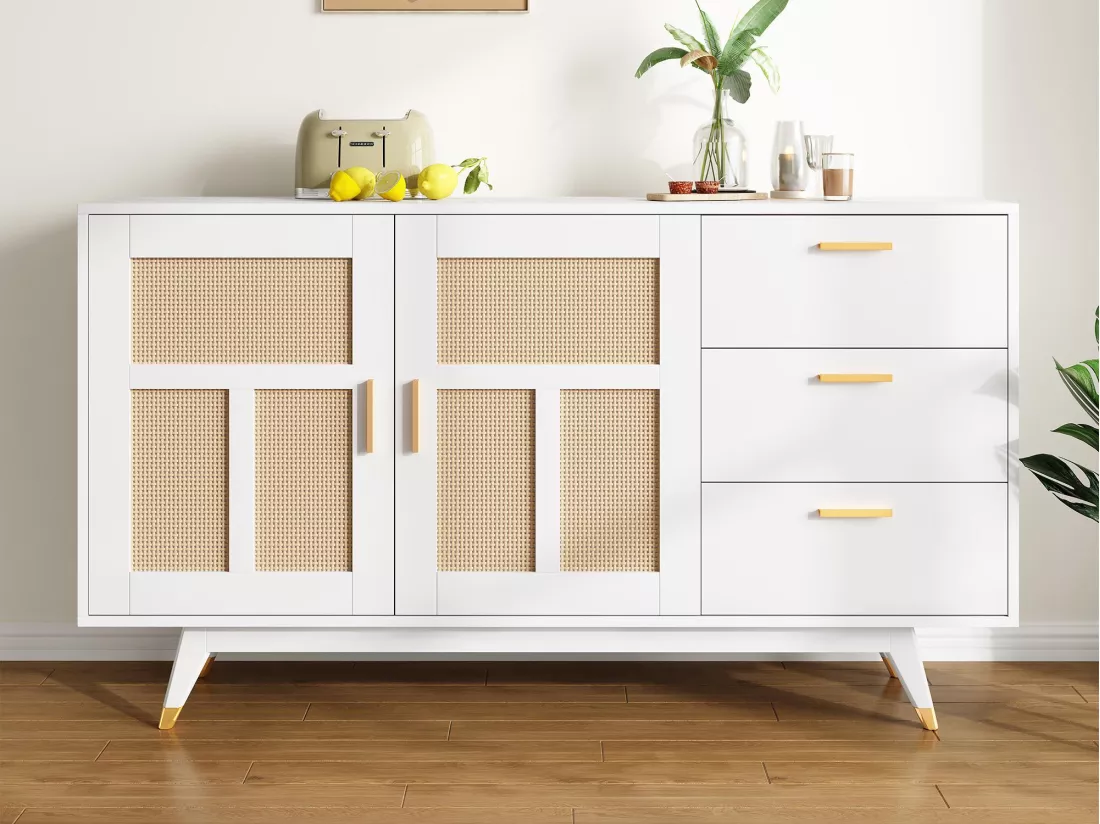 Buffet 160x40x87cm - avec 2 portes en rotin et 3 tiroirs - Blanc