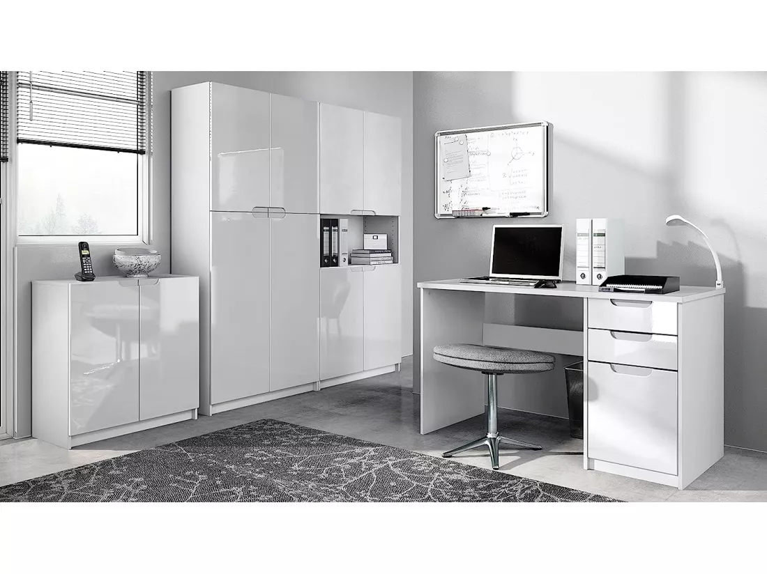Ensemble de Meubles de Bureau Corps en Blanc Mat/Façades en Blanc Haute Brillance