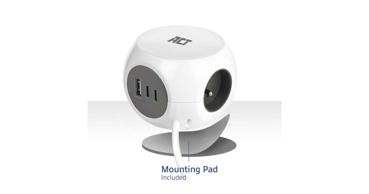 ACT ConnectivityStekkerdoos kubus met 3 stopcontacten, 30W Power Delivery USB-C/A poorten, kabellengte 1,5m stekkerdoos  (Wit, Type E)
