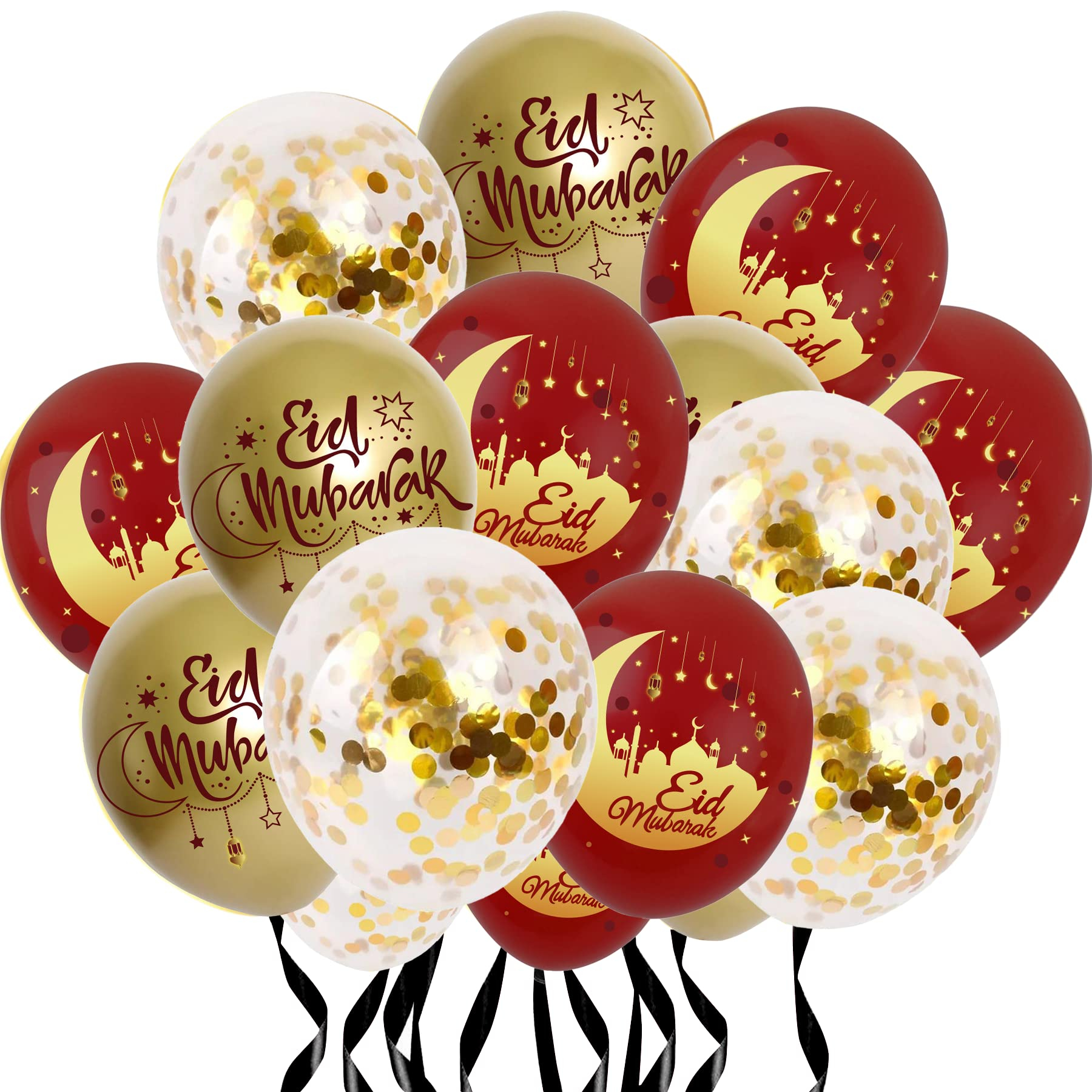 (12er Set) Ø30cm Ramadan Latex Ballons Eid Mubarak Party Deko Konfetti Luftballons - Gold / Rot