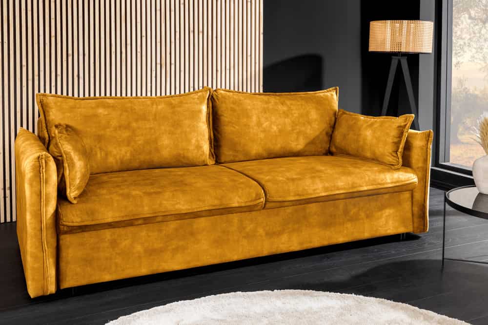 Design Schlafsofa APARTMENT 215cm senfgelb Samt 3-Sitzer Couch inkl. Bettkasten