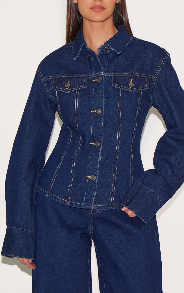 Bleu Indigo Veste En Jean À Manches Longues Avec Taille Cintrée