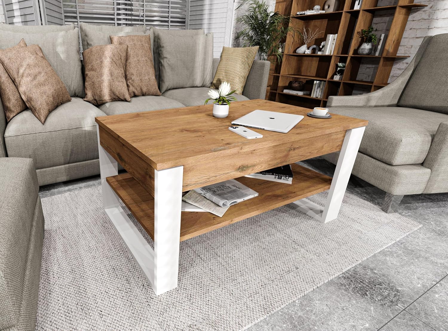 Couchtisch mit anhebbarer Platte | Höhenverstellbarer Wohnzimmertisch mit Stauraum | Sofatisch Eiche Lancelot Weiß modern mit Ablage & verstecktem Fach – Coffee Table für Wohnzimmer & Büro